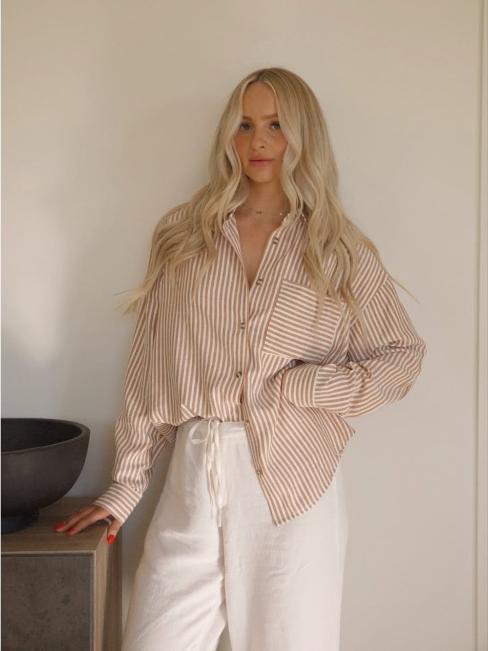 Trendy, American Eagle Outfitters Brown and White Striped Button-Down Shirt